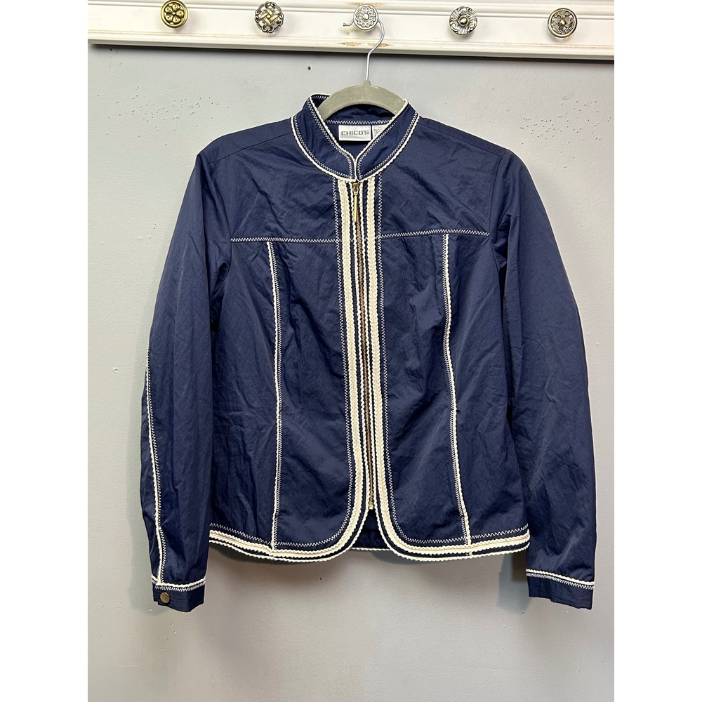Chicos Navy‎ Blue Textured Zip Front Jacket with Braided Trim Size 0 XS S